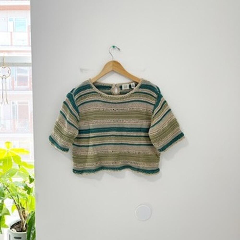 Gap Striped Loose Knit Short Sleeve Cropped Sweater Size Large